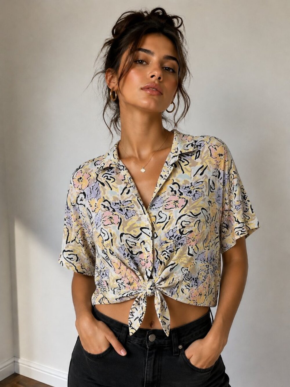 Vintage Cherokee Women's Floral Short Sleeve Tie-Front Button Down Shirt